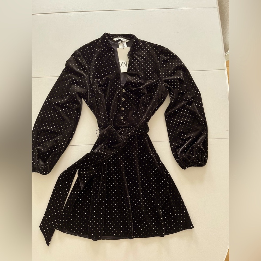 New! Zara , Black velour dress, Gold studs, Tie belt . Size XS